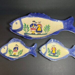 Vintage Set of 3 Hand Painted Ceramic French Rotheneuf Fish Plates / Dish Decor